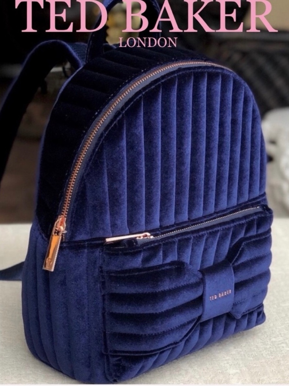 Ted Baker Navy Velvet Quilted Mini Backpack with Bow
